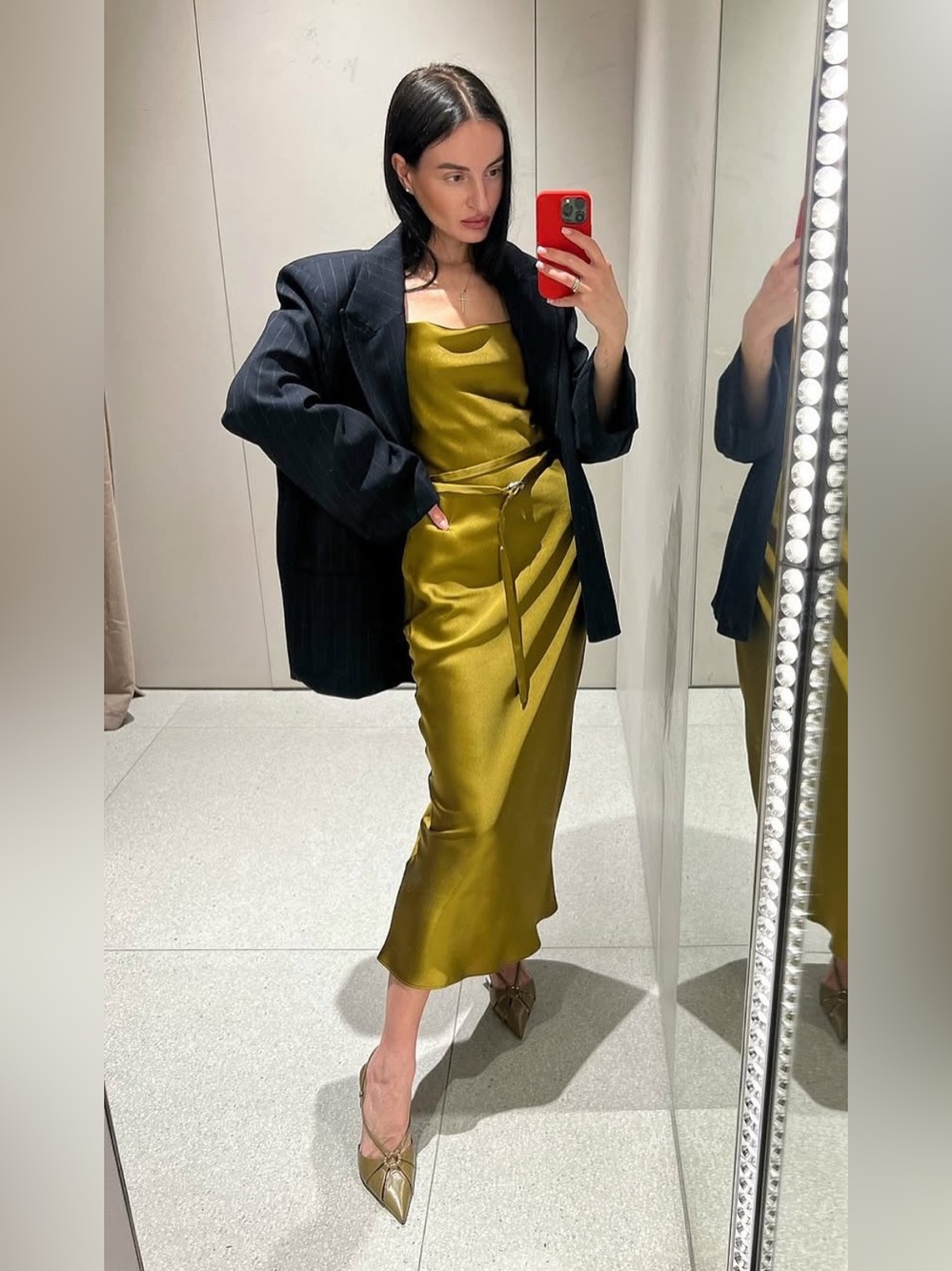 Satin Midi Dress With Belt